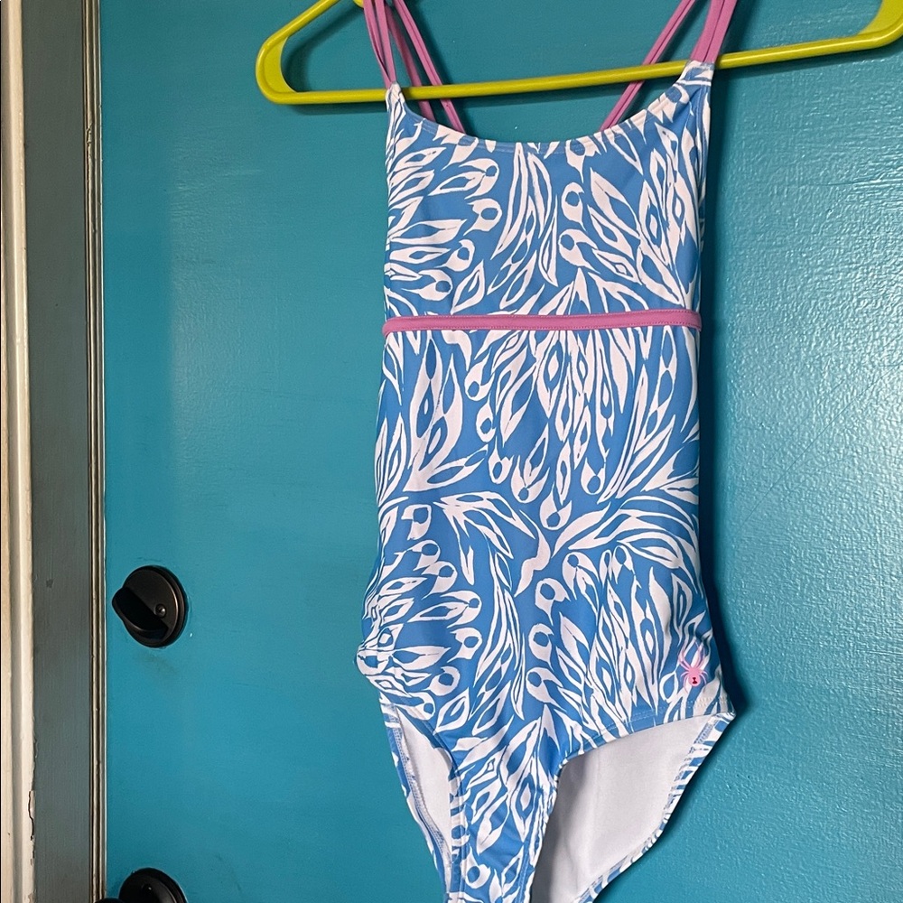 Spyder Girls Blue Hooded Swim Coverup Blue & Pink Patterned One-Piece Set 7/8 S